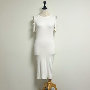 Michael Kors Ivory Cold Shoulder Short Sleeve Ribbed Bodycon Midi Dress Medium